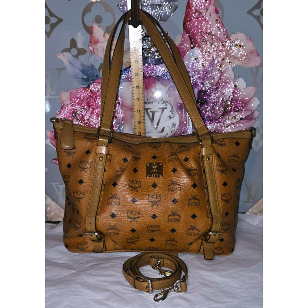 MCM Cognac Visetos Pleated Satchel with Crossbody Strap
